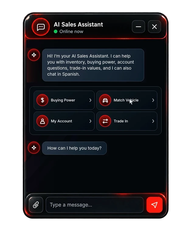 AI Sales Assistant chat: the assistant offers help with inventory, buying power, account questions, trade-in values, and chat in Spanish, with Buying Power, Match Vehicle, My Account, and Trade In options, and asks how it can help today