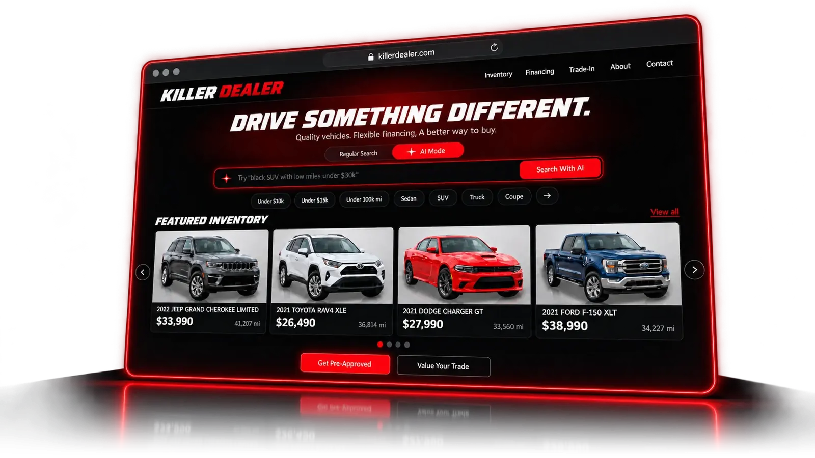 A Killer Dealer website in a glowing red browser window: AI vehicle search, featured inventory, and pre-approval and trade-in buttons