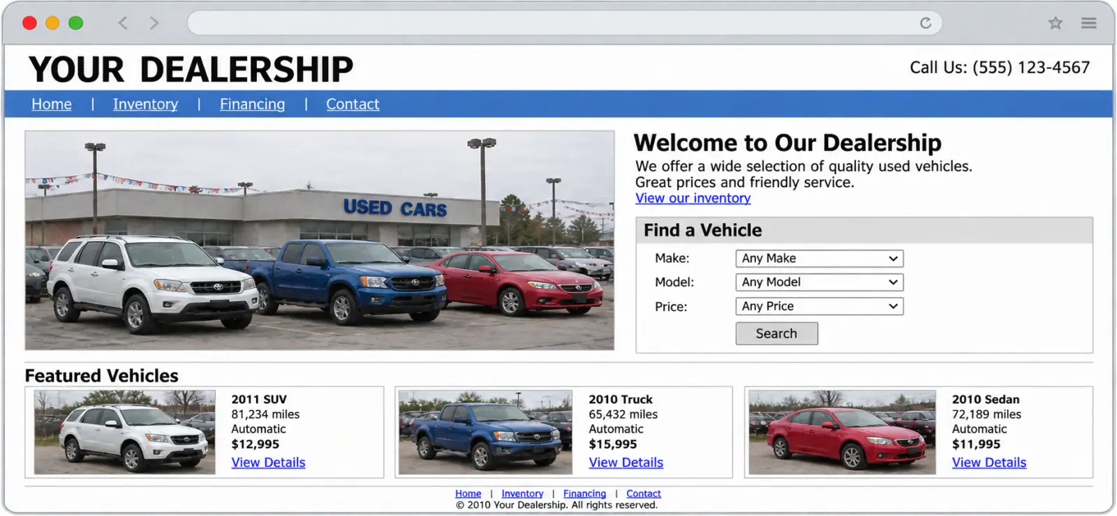 An outdated dealership website from 2010: plain blue menu, a used car lot photo, and a basic search form