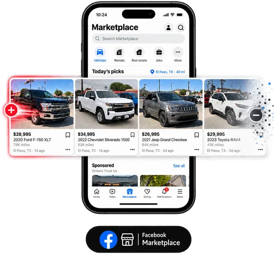 Your cars on Facebook Marketplace: a phone showing Today's picks near El Paso, TX, with a 2020 Ford F-150 XLT being added and a 2023 Toyota RAV4 being removed, beside a 2022 Chevrolet Silverado 1500 and a 2021 Jeep Grand Cherokee, each with its price and mileage