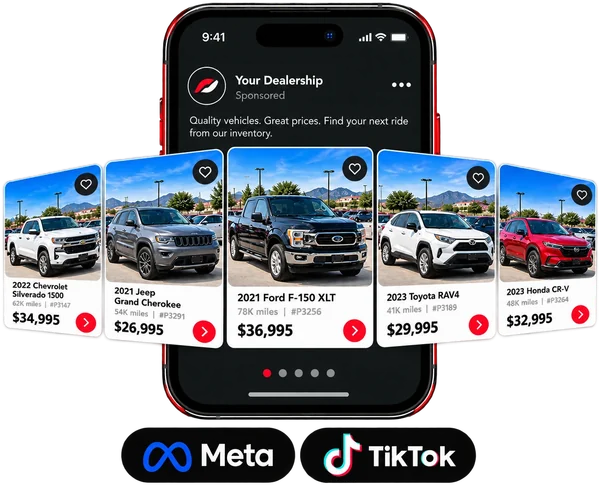 A sponsored inventory ad on a phone, for Meta and TikTok: your dealership's carousel of a 2022 Chevrolet Silverado 1500, a 2021 Jeep Grand Cherokee, a 2021 Ford F-150 XLT, a 2023 Toyota RAV4, and a 2023 Honda CR-V, each with its mileage, stock number, and price