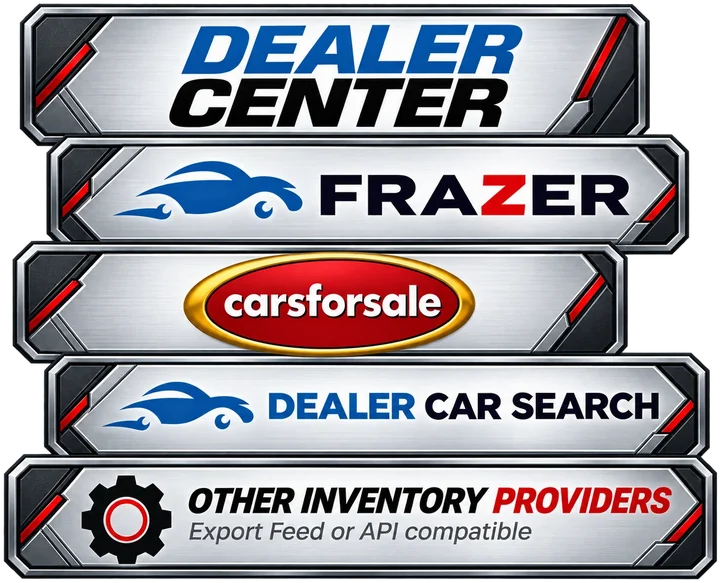 Supported inventory sources: DealerCenter, Frazer, CarsForSale, Dealer Car Search, and other inventory providers through an export feed or API