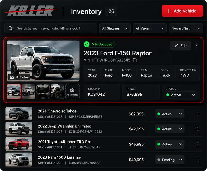 Killer inventory system: a VIN-decoded 2023 Ford F-150 Raptor open for editing, with photos, year, make, model, trim, stock number, price, and Active status, above a list of other vehicles