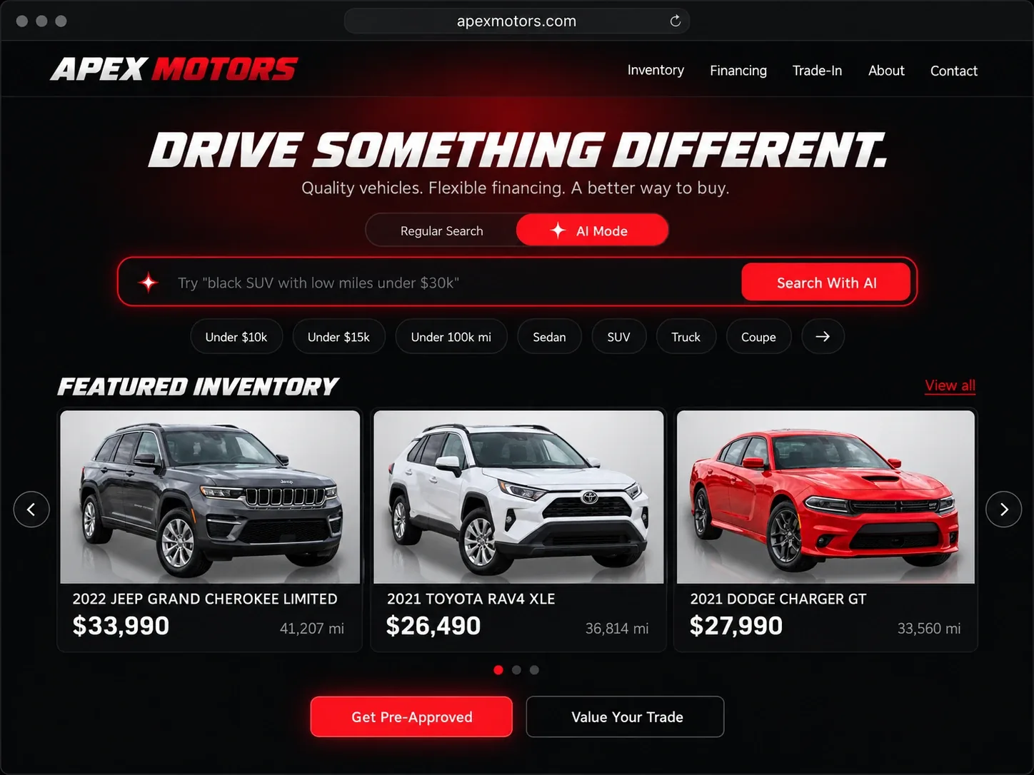 A Killer Dealer Website on desktop: a bold hero, AI vehicle search, featured inventory, and pre-approval and trade-in buttons